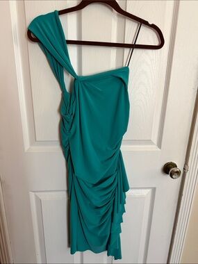 Allen Schwartz Privé Dress One Shoulder Turquoise Asymmetrical Ruffle